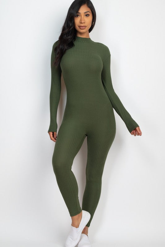 Ribbed Mock Neck Long Sleeve Casual Jumpsuit