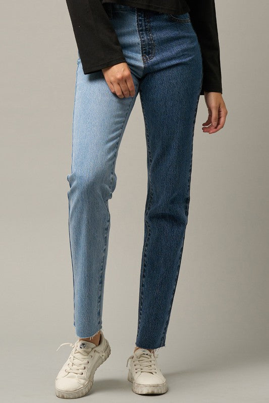 High Waist Two Tone Raw Hem Straight Jeans