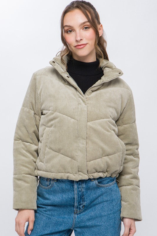 Corduroy Puffer Jacket with Toggle Detail