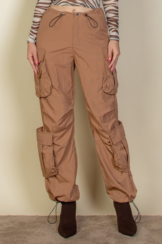 Flap Pockets Drawstring Ruched Parachute Pants