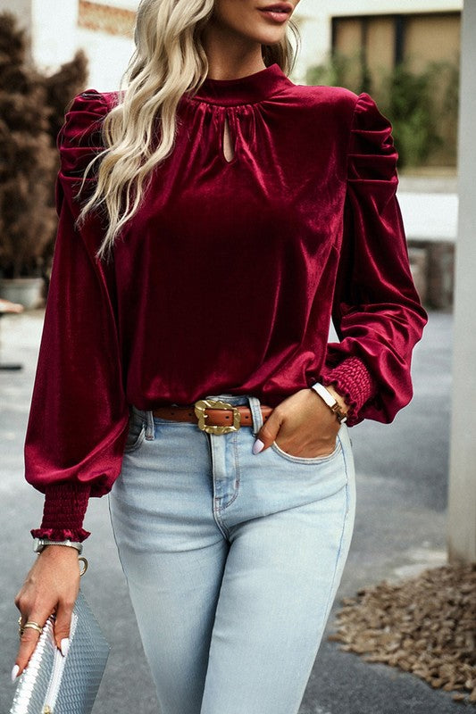 Puff Sleeve Key Hole Velvet Mock Smocked Blouse