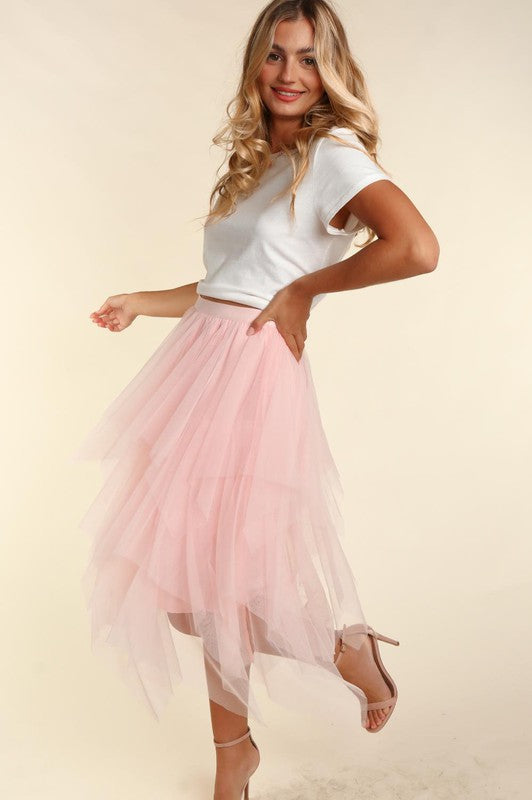 ASYMMETRIC TIERED TULLE MIDI SKIRT WITH LINING