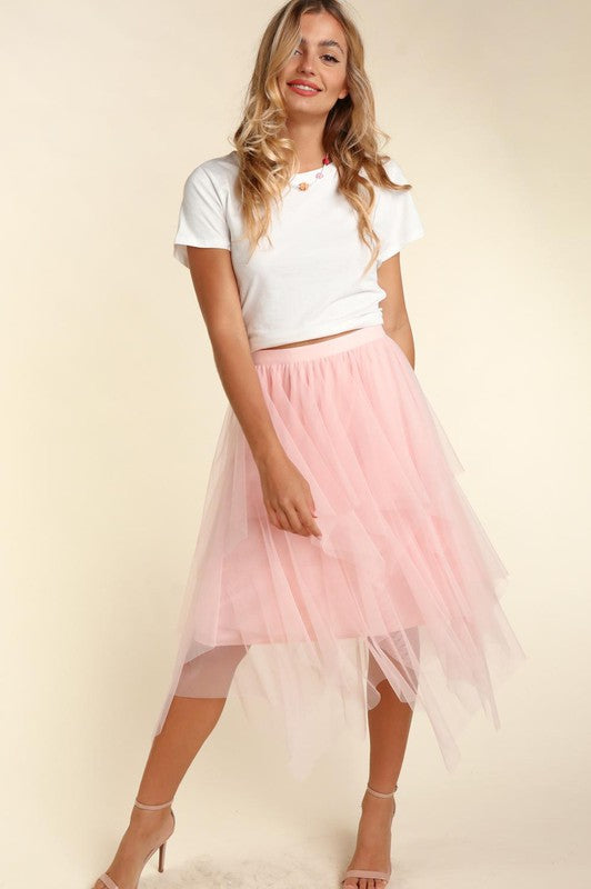 ASYMMETRIC TIERED TULLE MIDI SKIRT WITH LINING